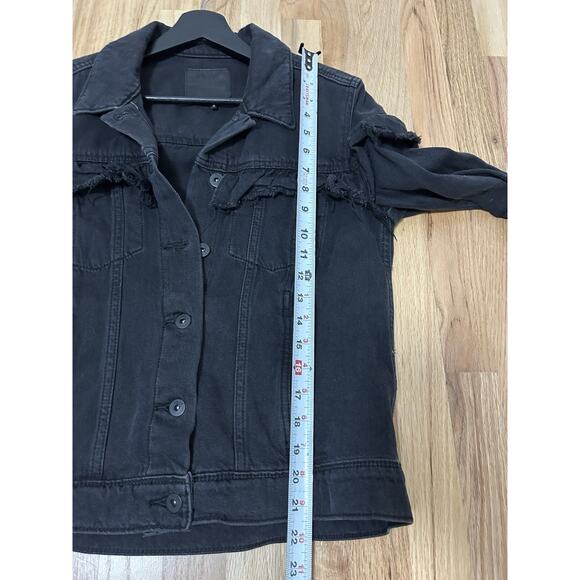 PAIGE RUFFLE HEIDI DENIM JACKET IN NIGHTINGALE BLACK Small Raw Edge Jean Womens - Picture 8 of 10